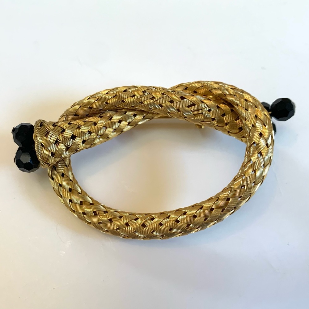 Vintage Woven Golden Wire Mesh Knot Brooch with Black Faceted Beads